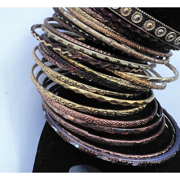 31 Boho Chic mixed metal gold & brown colored stack bangle bracelets, J-01-68 - Picture 6 of 13